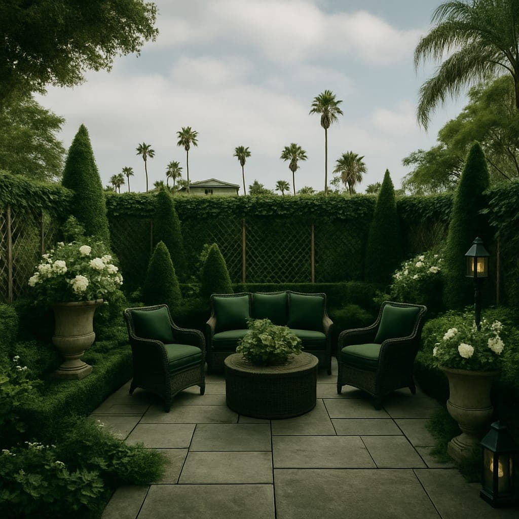 english garden outdoor seating AI interior design